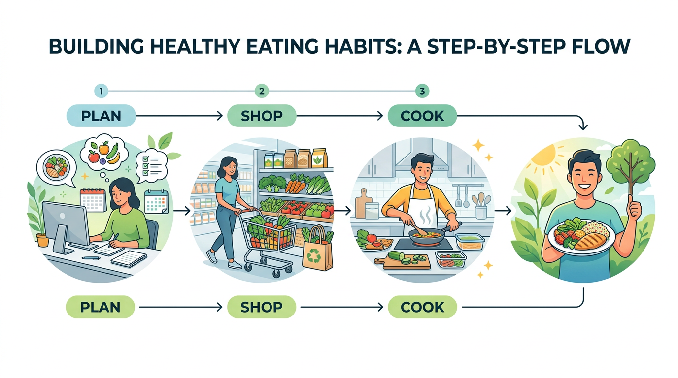 Diagram showing steps to build sustainable healthy eating habits