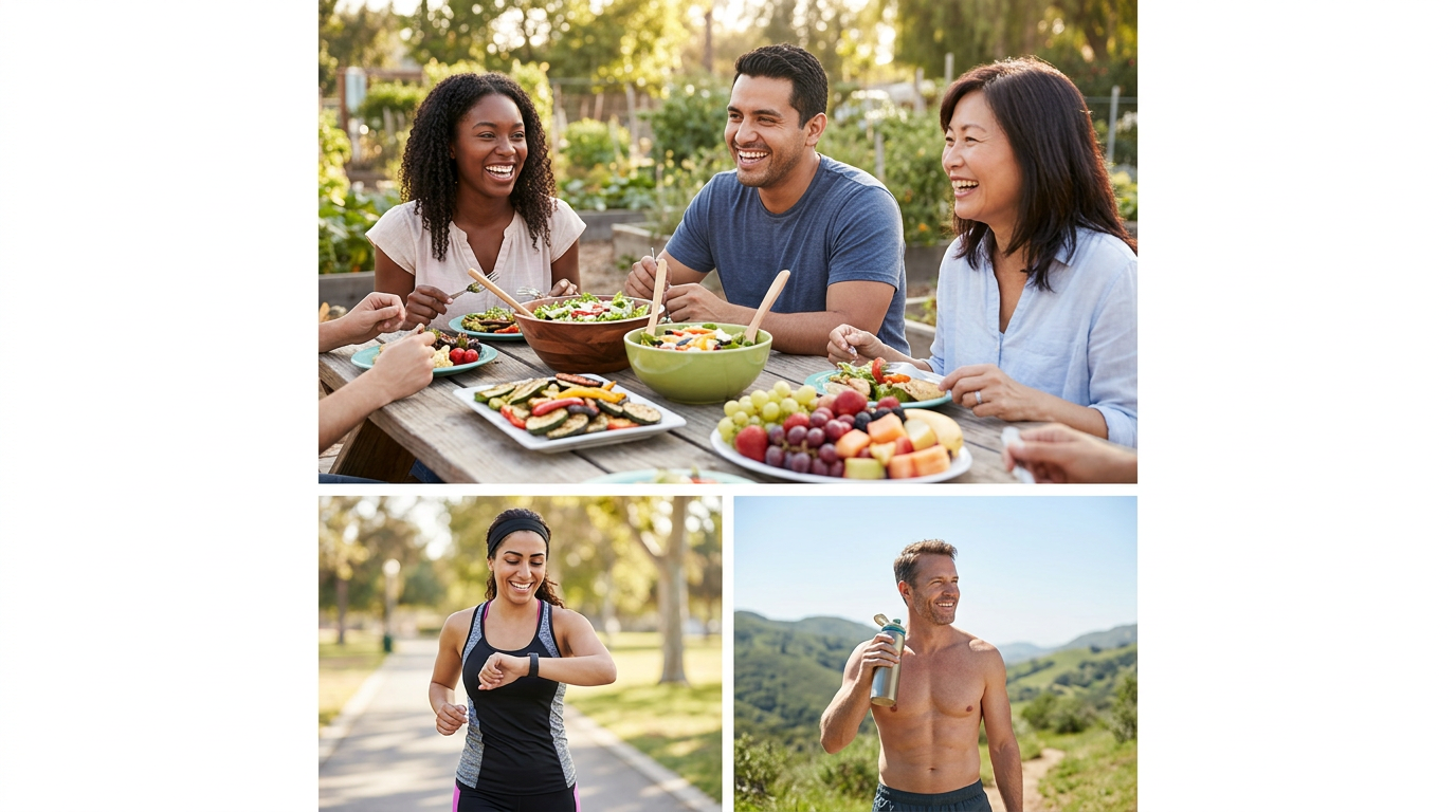 Happy people showing healthy meals and fitness progress