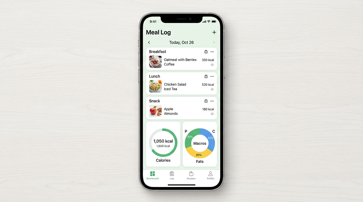 Nutrition tracking app interface displaying meal logging and nutrient charts