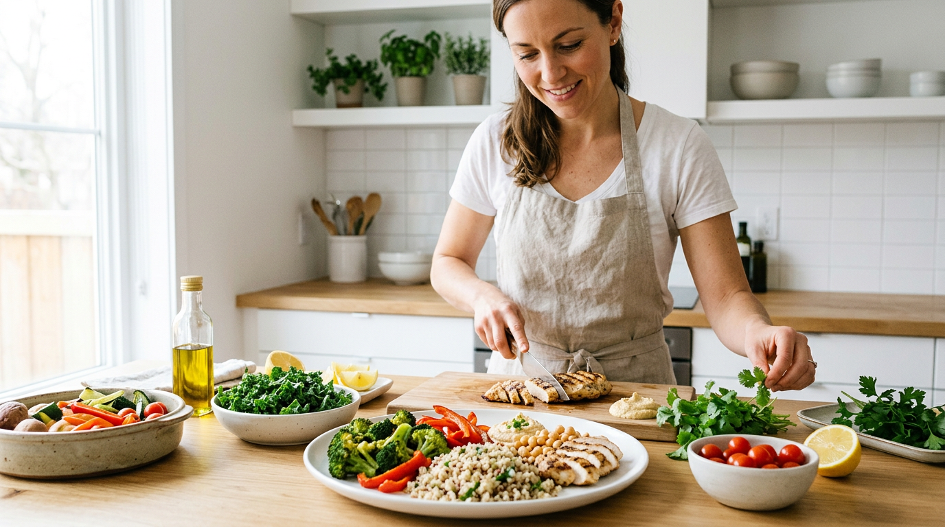 Person preparing a balanced healthy meal in a kitchen