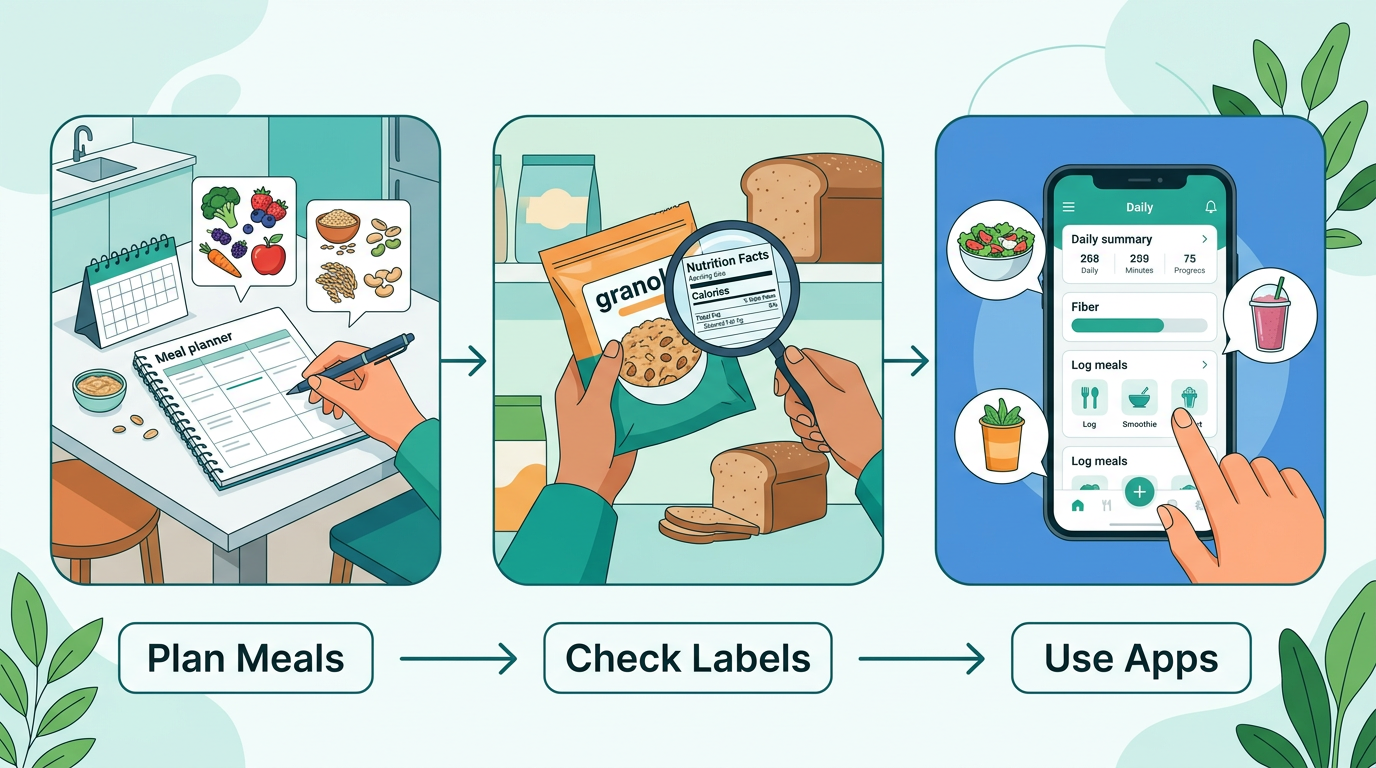 Diagram showing steps to track fiber intake daily