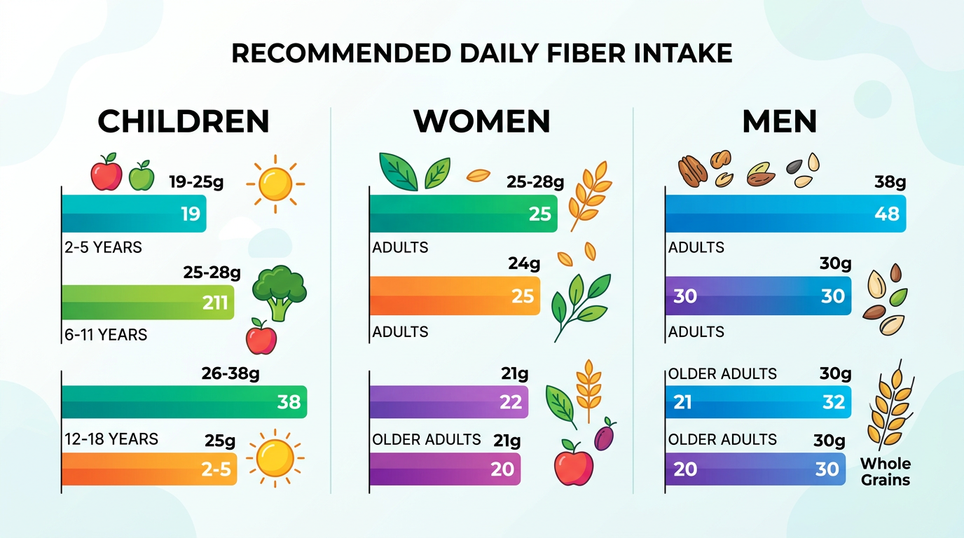 Infographic showing recommended daily fiber intake by demographics