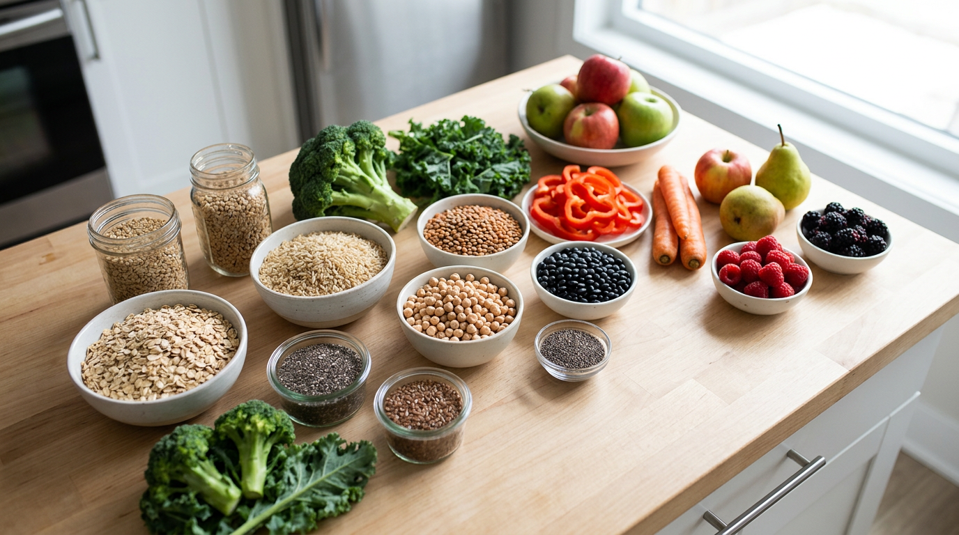 Photo of assorted high-fiber foods on kitchen counter