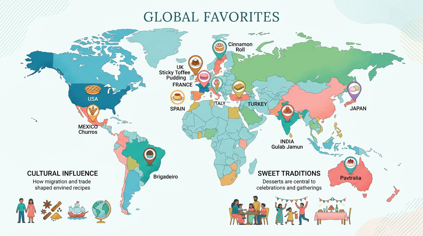 Illustration of a world map showing popular desserts in different countries