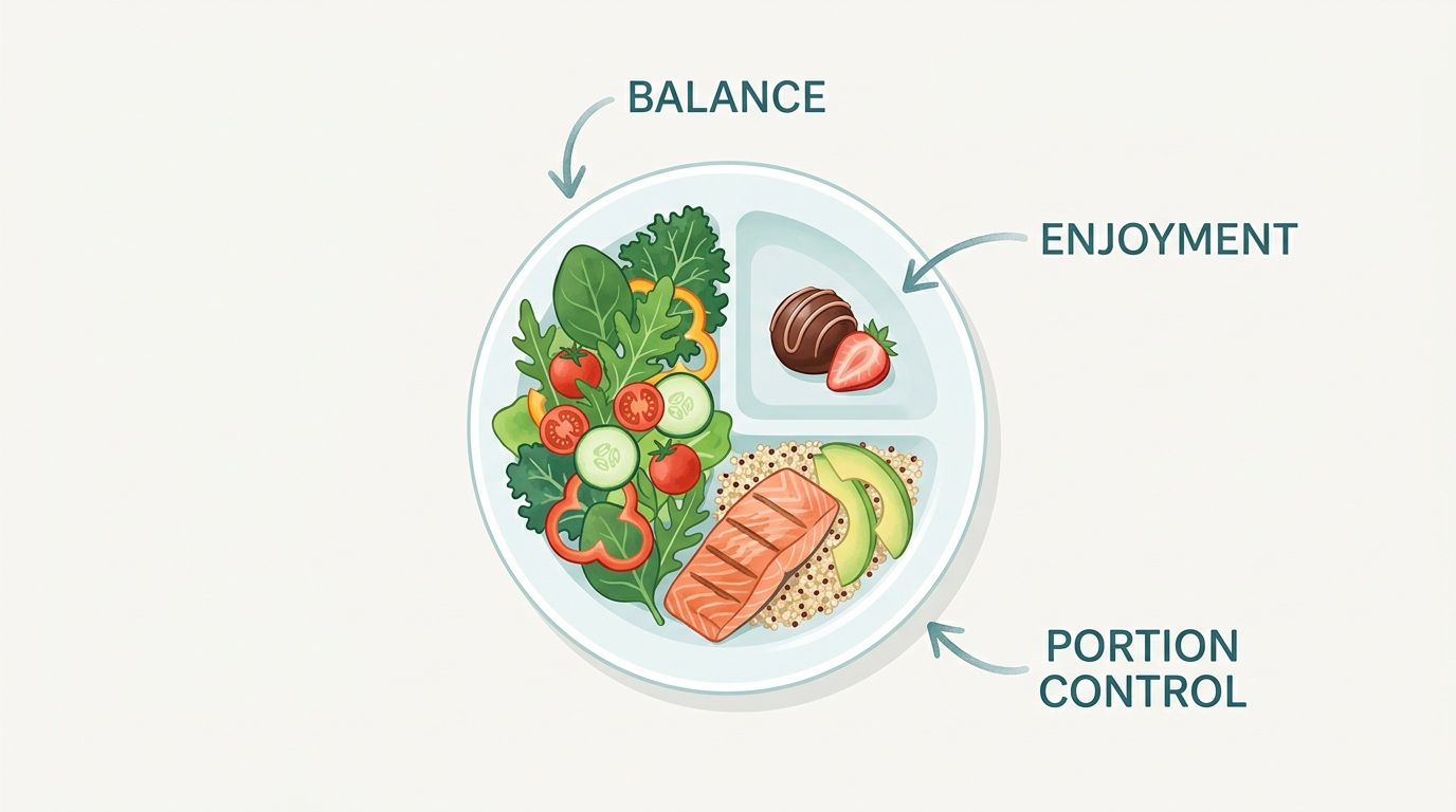 Illustration of balanced dessert portion with healthy foods for mindful eating