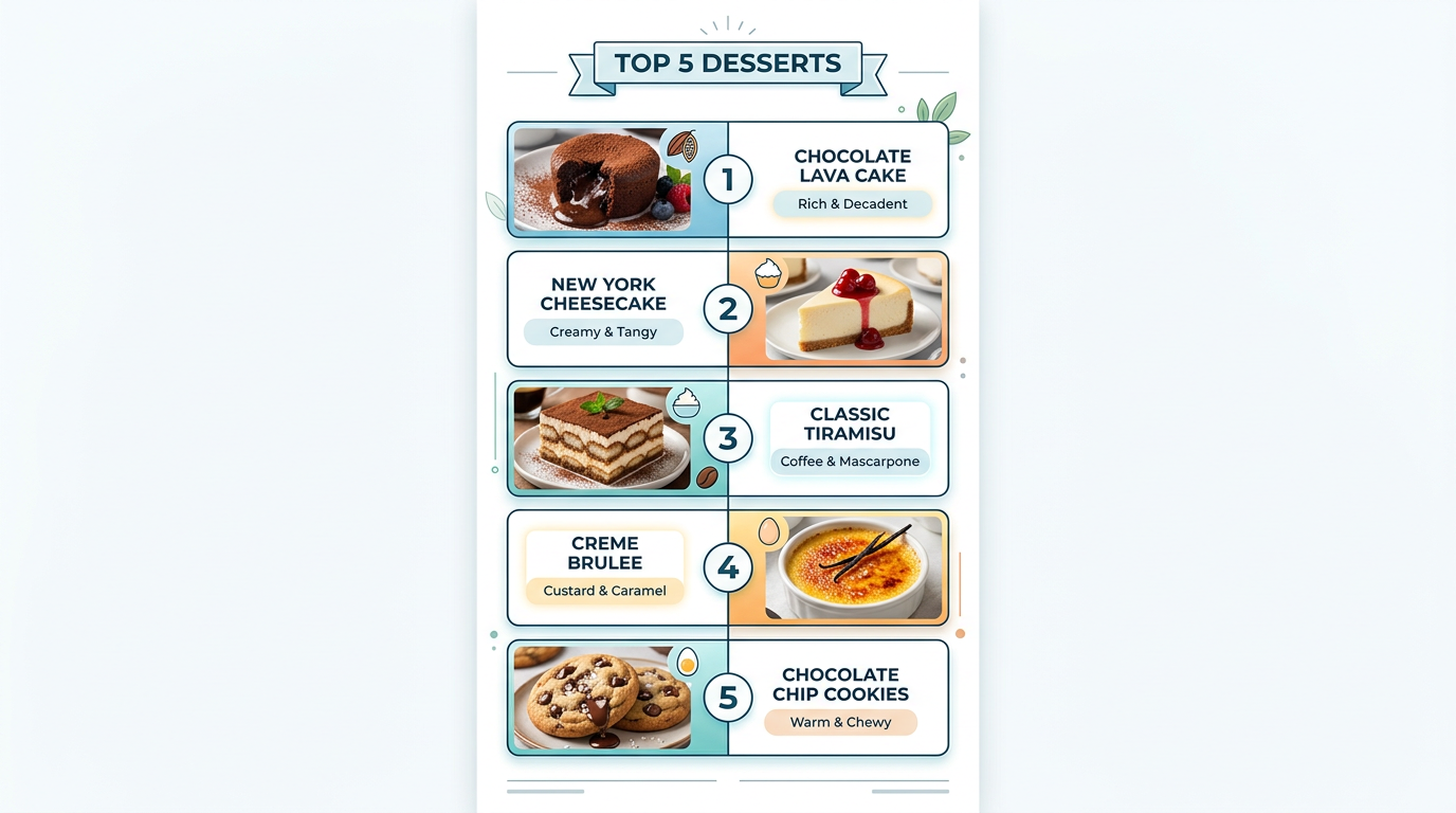 Infographic listing the top 5 desserts worldwide with images and names