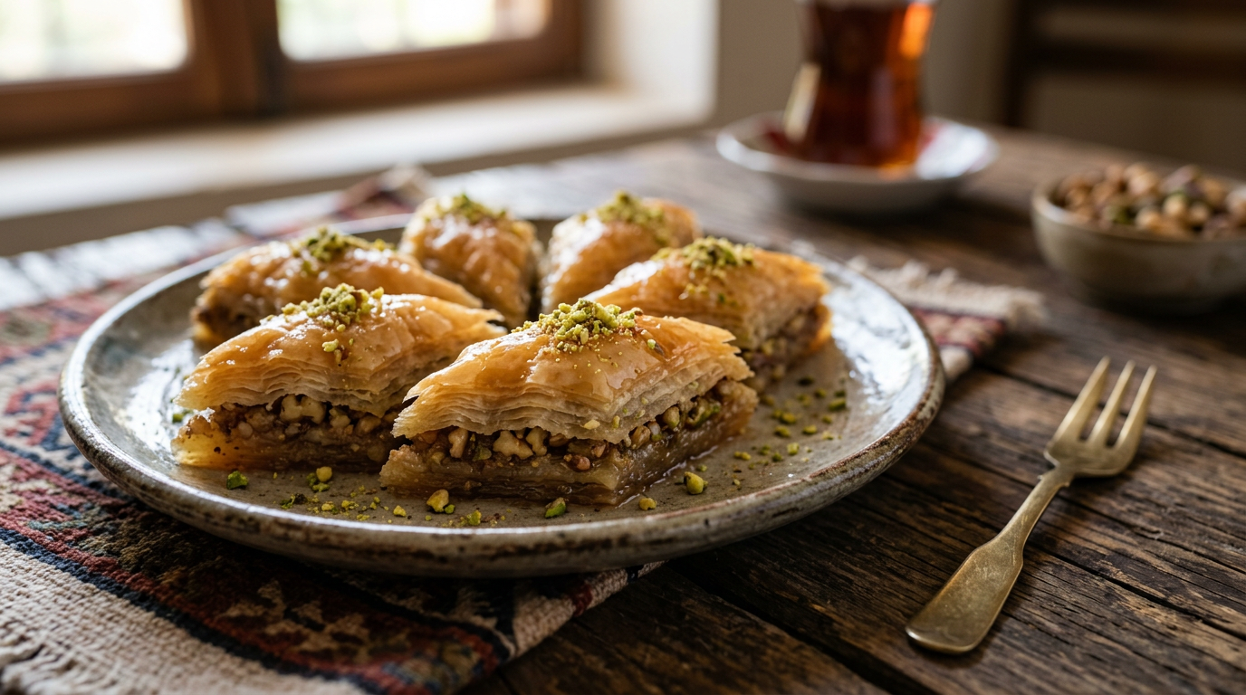 Photo of traditional baklava on a rustic wooden table