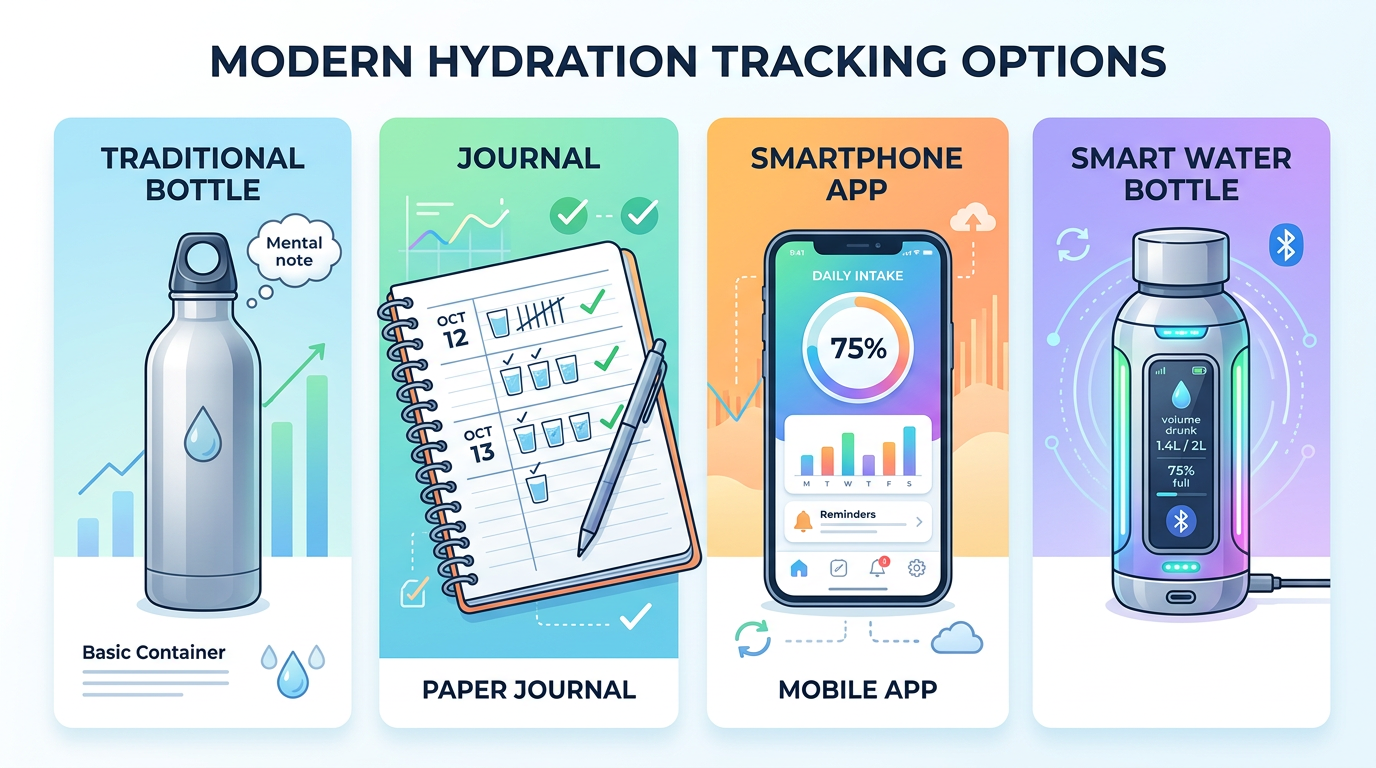 Diagram comparing manual and tech tools for hydration tracking