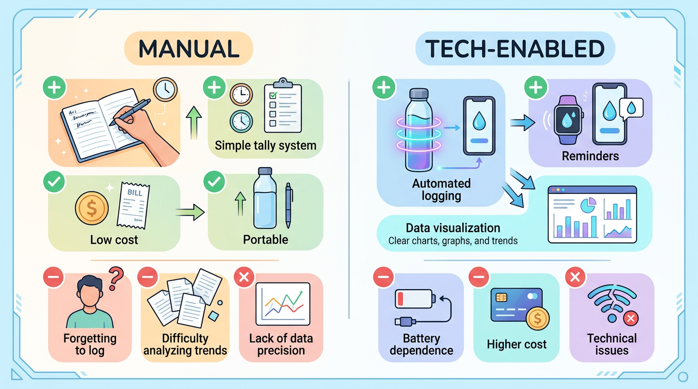 Diagram comparing manual and technology-based hydration tracking methods