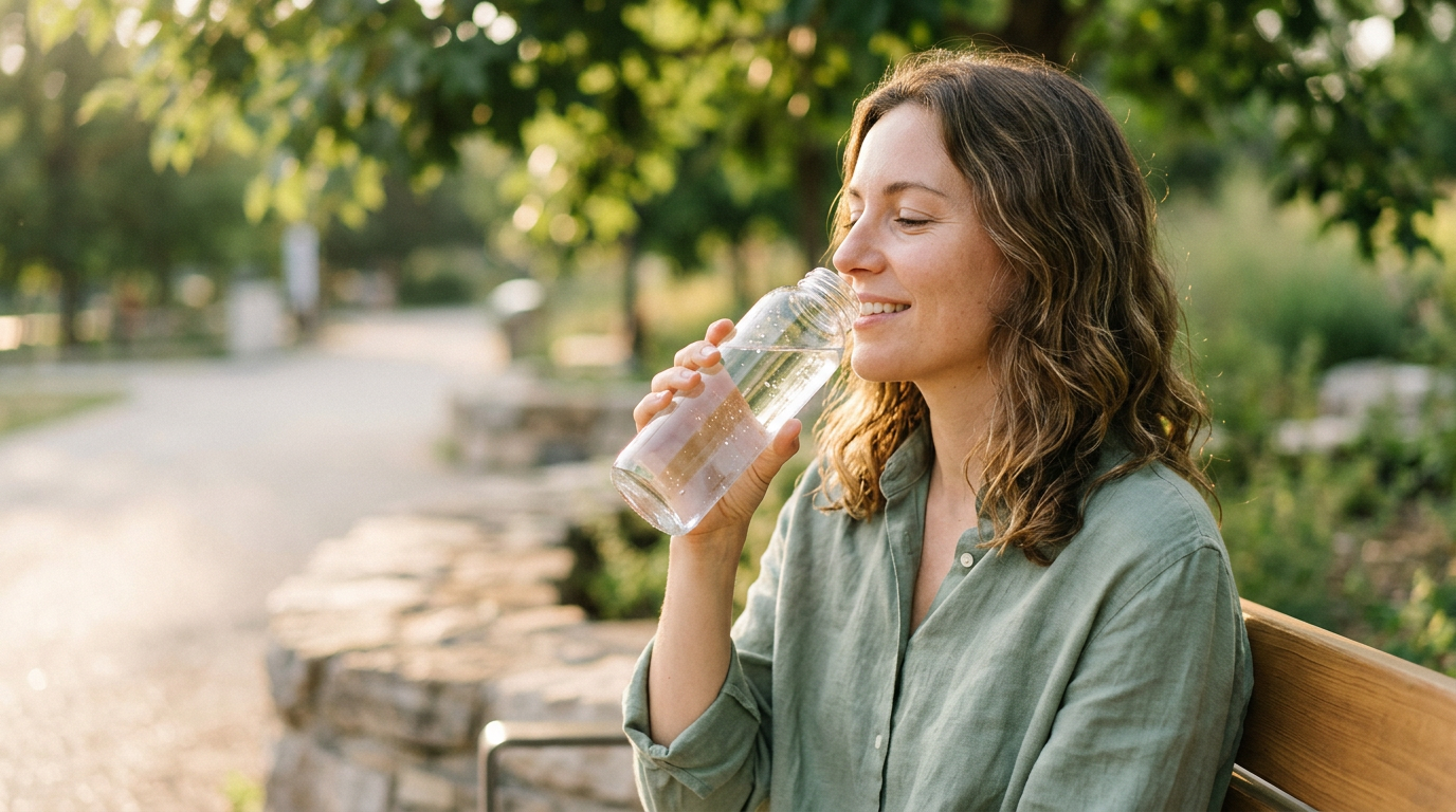 Person drinking water outdoors symbolizing daily hydration and wellness