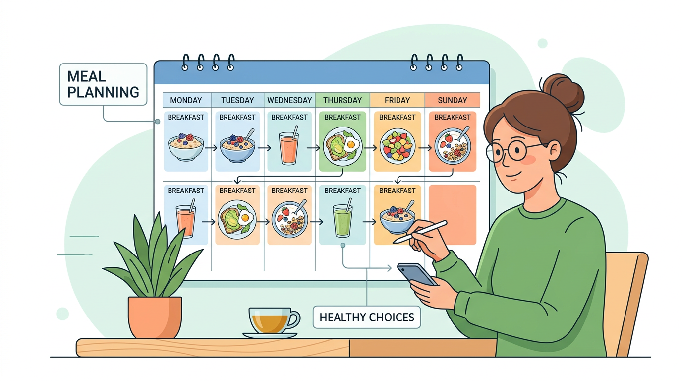 Illustration of meal planning and healthy breakfast choices for consistency