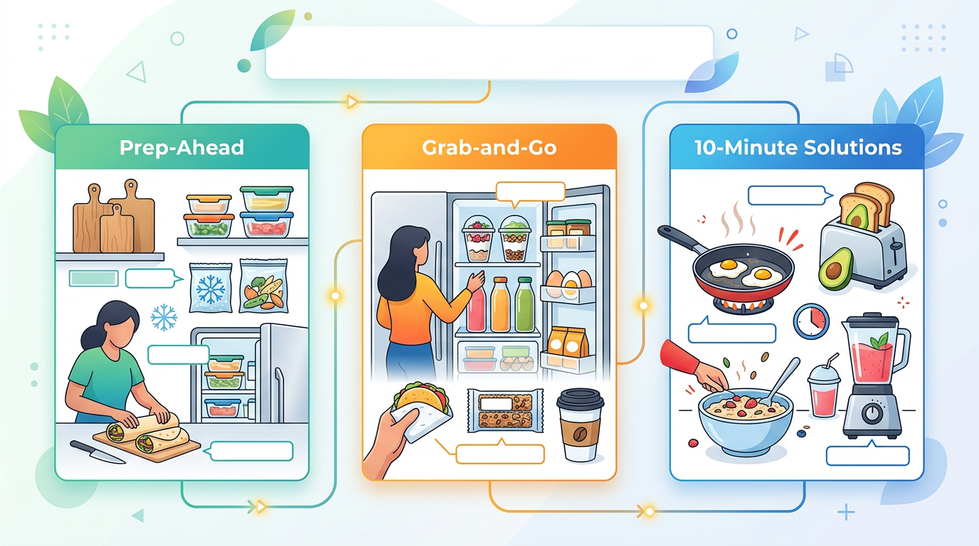 Infographic illustrating breakfast preparation strategies for busy mornings