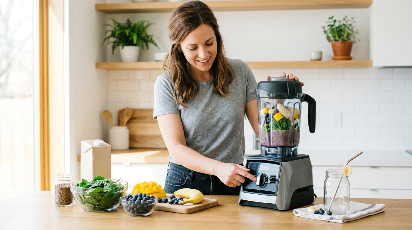 Person preparing a healthy breakfast smoothie in a bright kitchen