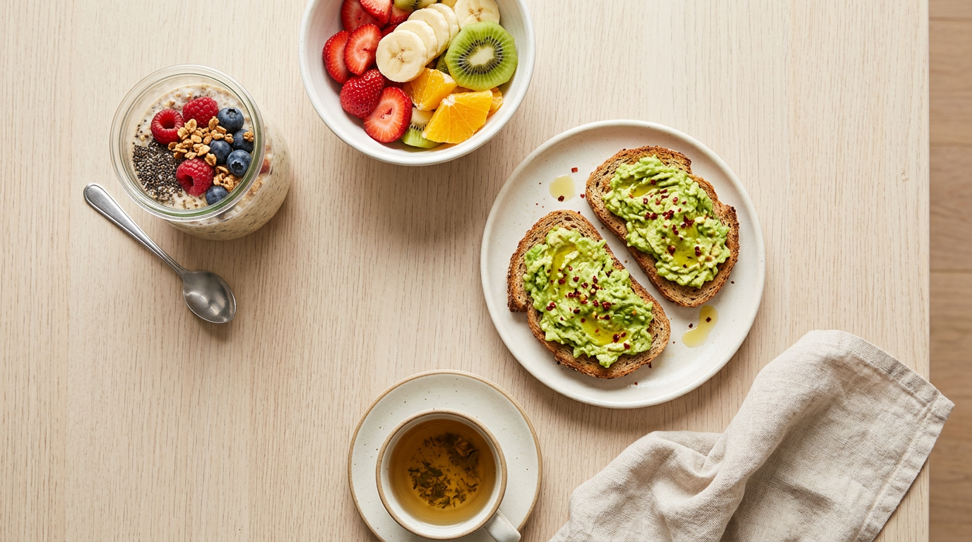 Variety of quick nutritious breakfast options on a table
