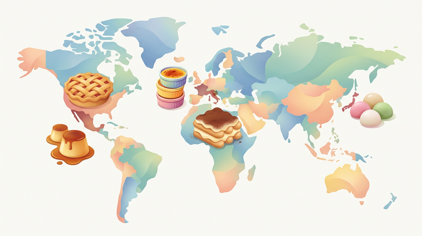 A conceptual editorial illustration showing a softly geometric world map with abstract colorful dessert icons placed on different countries, symbolizing the top 5 desserts worldwide. The image uses smooth shapes and pastel colors with glossy highlights and layered forms to evoke dessert textures, leaving negative space for text overlays.