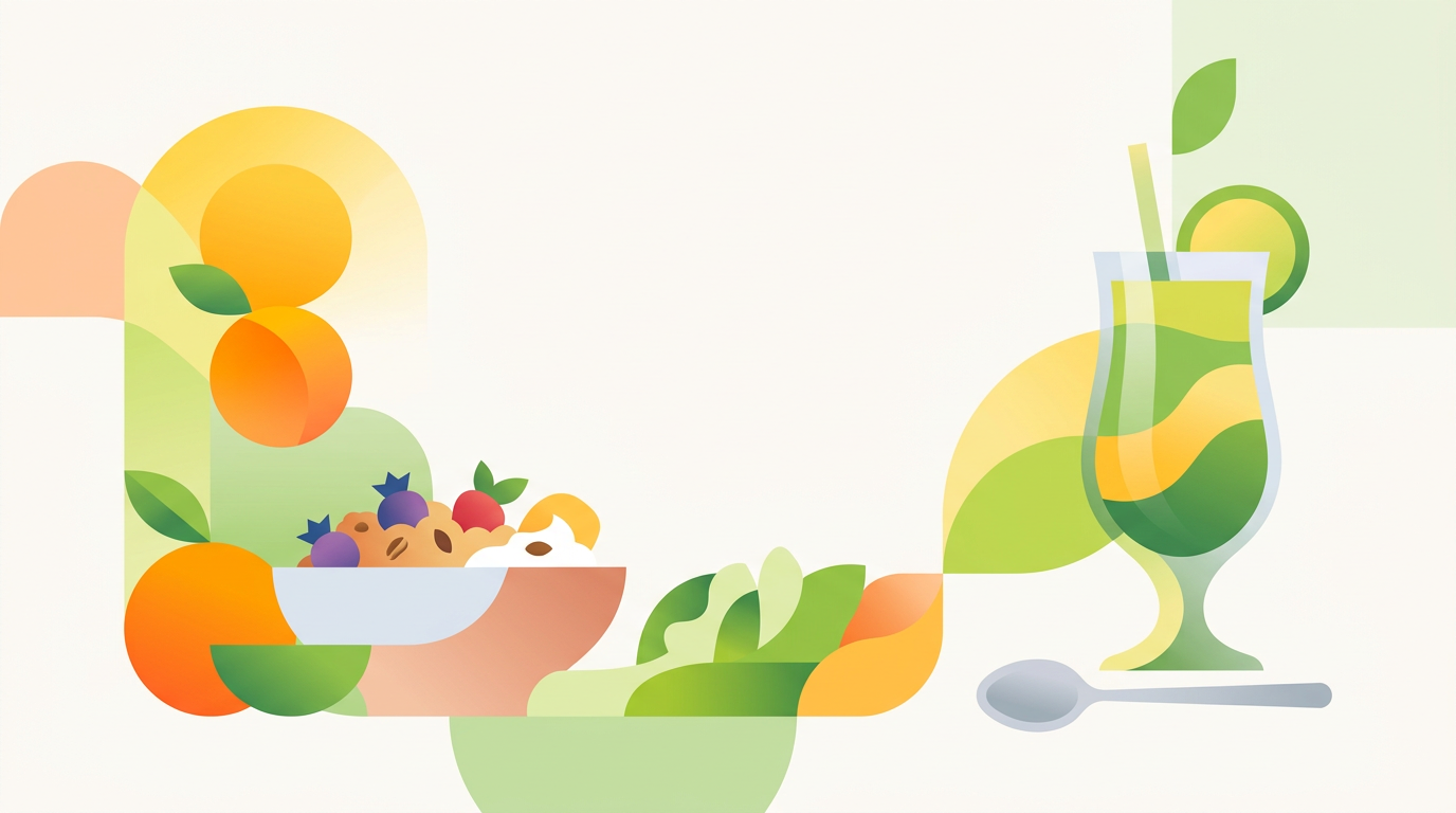 An abstract conceptual illustration featuring soft geometric shapes and symbolic objects representing healthy breakfast ingredients like fruits, vegetables, and grains arranged harmoniously with bright, fresh colors and ample negative space.